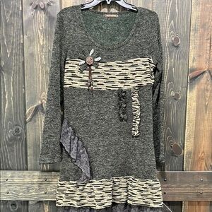 John Fashion Mini Dress L Wool Blend Bohemian Artsy Lace Ruffle Long Sleeves